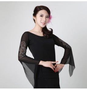 Black round neck rhinestones trumpet sleeves women's ladies female competition performance professional ballroom tango waltz flamenco dance dancing tops blouses